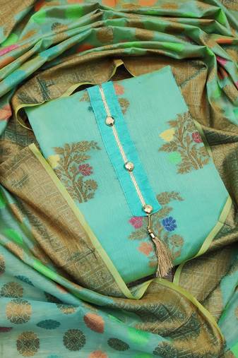 Sea green color weaving work banarasi jacquard unstitched chudidar dress material - mrfc11035c