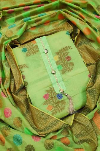 Green color weaving work banarasi jacquard unstitched chudidar dress material - mrfc11035d