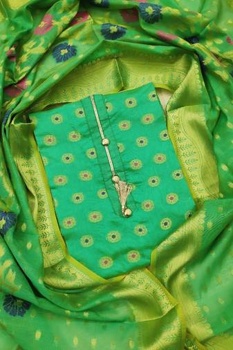 Green color weaving work banarasi jacquard unstitched chudidar dress material - mrfc11039c