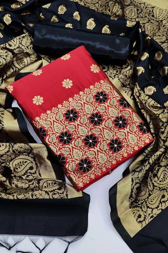 Red color weaving work banarasi jacquard unstitched chudidar dress material - mrfc11043b