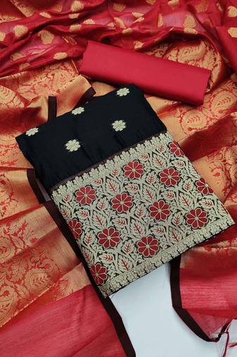 Black color weaving work banarasi jacquard unstitched chudidar dress material - mrfc11043d