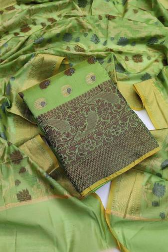 Green color weaving work banarasi jacquard unstitched chudidar dress material - mrfc11044a