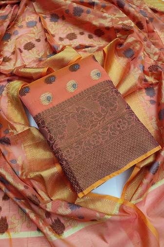 Peach color weaving work banarasi jacquard unstitched chudidar dress material - mrfc11044b
