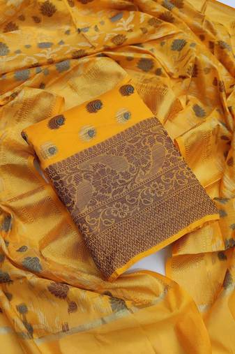 Yellow color weaving work banarasi jacquard unstitched chudidar dress material - mrfc11044c