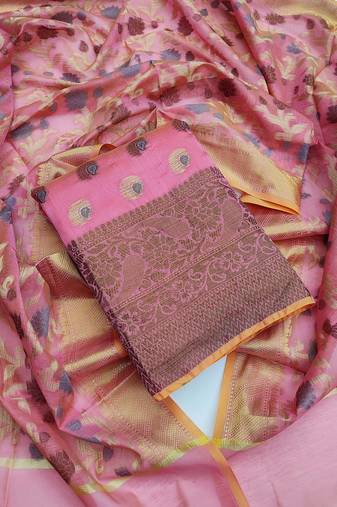 Pink color weaving work banarasi jacquard unstitched chudidar dress material - mrfc11044d
