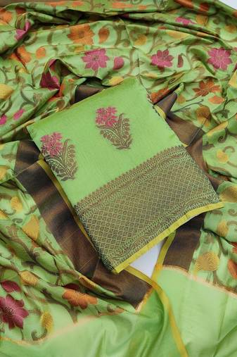 Green color weaving work banarasi jacquard unstitched chudidar dress material - mrfc11045b