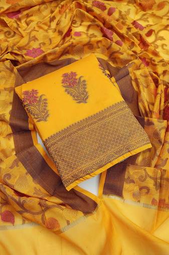 Yellow color weaving work banarasi jacquard unstitched chudidar dress material - mrfc11045d