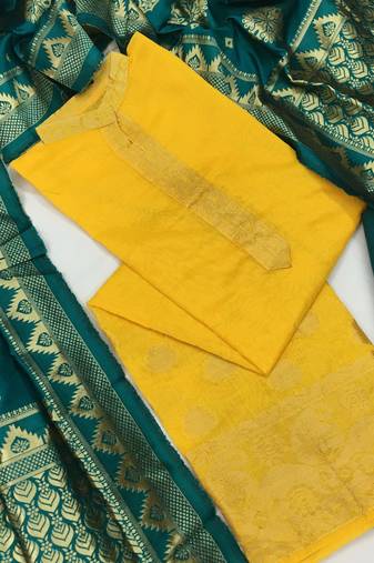 Yellow color weaving work banarasi jacquard unstitched chudidar dress material - mrfc11048b