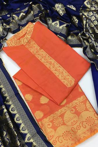 Peach color weaving work banarasi jacquard unstitched chudidar dress material - mrfc11048c
