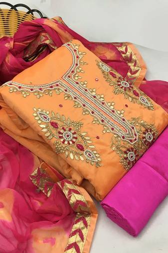 Peach color handwork work modal chanderi unstitched chudidar dress material - mrfc11049a