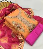 Peach color handwork work modal chanderi unstitched chudidar dress material 