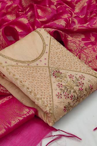 Beige color handwork work modal chanderi handwork unstitched chudidar dress material - mrfc11060b