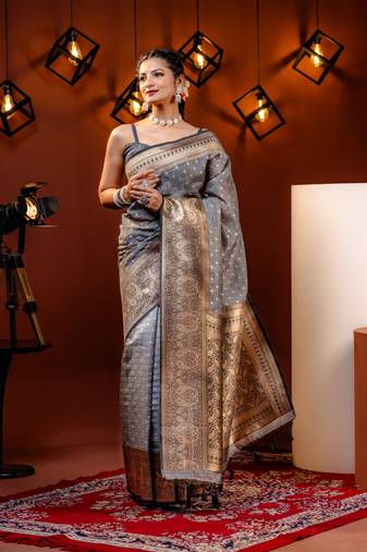 Grey Silk Blend Woven Banarasi Wedding Saree