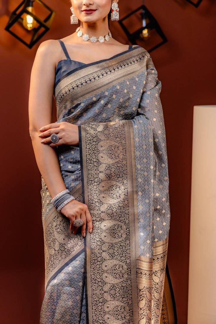 Grey Silk Blend Woven Banarasi Wedding Saree