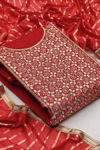 Red color handwork work modal chanderi unstitched chudidar dress material - mrfc11063d