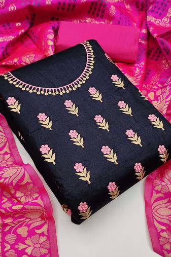 Black color thread work work glass cotton unstitched chudidar dress material - mrfc11071f