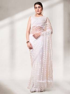 White Thread & Sequins Embroidered Soft Net  Party Wear Bridal Wedding Festival Saree With Blouse 1