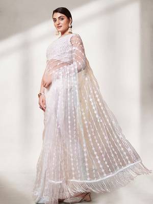 White Thread & Sequins Embroidered Soft Net  Party Wear Bridal Wedding Festival Saree With Blouse 2