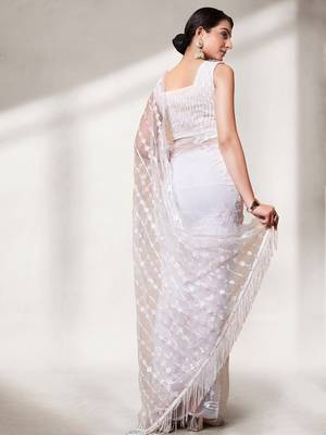 White Thread & Sequins Embroidered Soft Net  Party Wear Bridal Wedding Festival Saree With Blouse 3