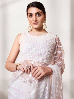 White Thread & Sequins Embroidered Soft Net  Party Wear Bridal Wedding Festival Saree With Blouse 4