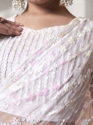 White Thread & Sequins Embroidered Soft Net  Party Wear Bridal Wedding Festival Saree With Blouse 5