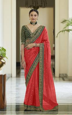 Cherry Red Dori, Zari &  Sequins Embroidered Organza Party Wear Bridal Wedding Festival Saree 1