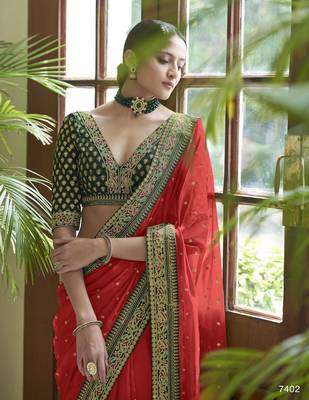 Cherry Red Dori, Zari &  Sequins Embroidered Organza Party Wear Bridal Wedding Festival Saree 2