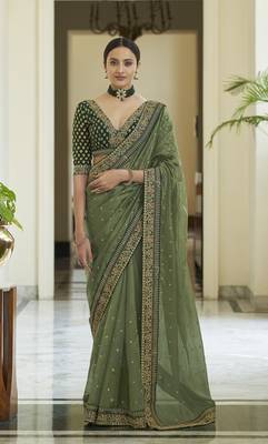Olive Green Dori, Zari &  Sequins Embroidered Organza Party Wear Bridal Wedding Festival Saree 1