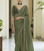Olive Green Dori, Zari &  Sequins Embroidered Organza Party Wear Bridal Wedding Festival Saree