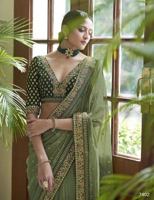 Olive Green Dori, Zari &  Sequins Embroidered Organza Party Wear Bridal Wedding Festival Saree 2