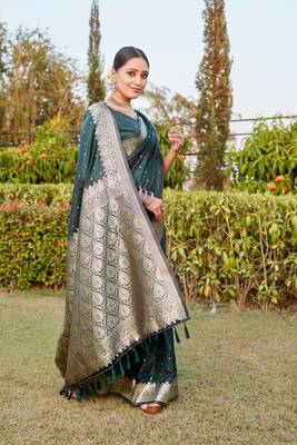 Boutique collection hand work kanjivaram soft satin silk saree with unstitched blouse 2