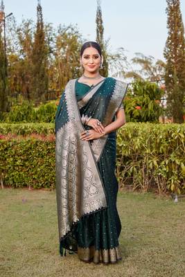 Boutique collection hand work kanjivaram soft satin silk saree with unstitched blouse 5