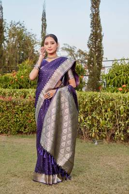 Boutique collection hand work kanjivaram soft satin silk saree with unstitched blouse 4