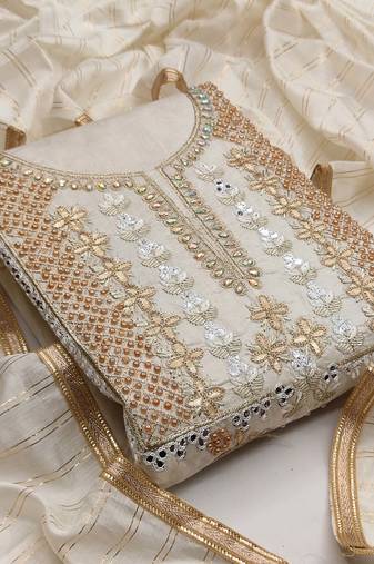 Beige color handwork work modal chanderi unstitched chudidar dress material - mrfc11077b