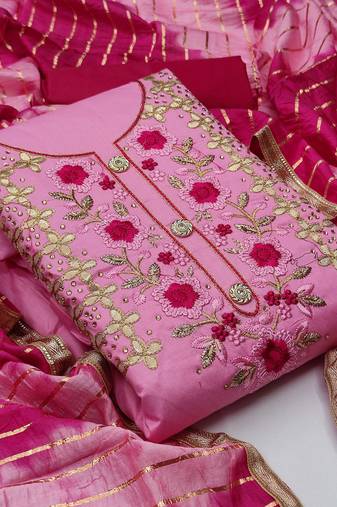 Light pink color handwork work glass cotton unstitched chudidar dress material - mrfc11078d