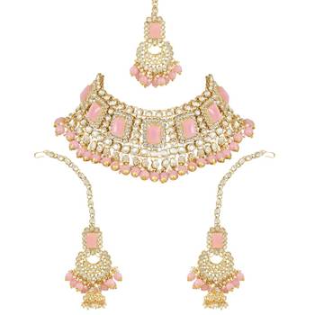 traditional handcrafted pearl studded bridal choker necklace jewellery set 1