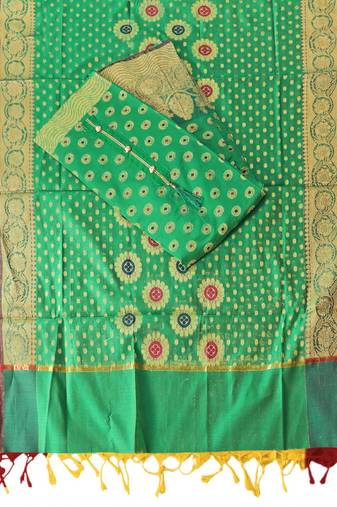 Green color weaving work banarasi jacquard unstitched chudidar dress material - mrfc11089c