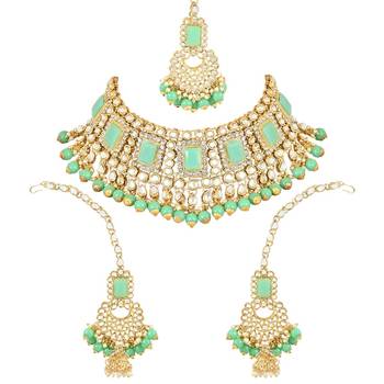 traditional handcrafted pearl studded bridal choker necklace jewellery set 1