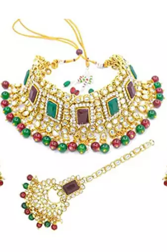 traditional pearl studded bridal choker necklace with earrings and maang tikka jewellery set