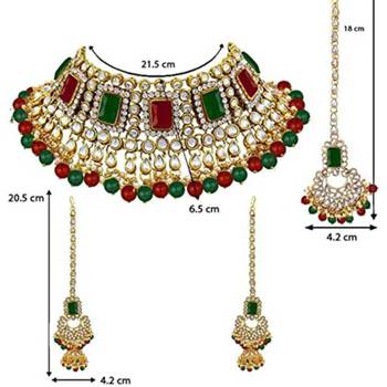 traditional pearl studded bridal choker necklace with earrings and maang tikka jewellery set 5