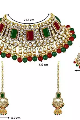 traditional pearl studded bridal choker necklace with earrings and maang tikka jewellery set