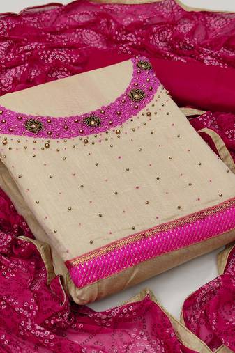 Beige color handwork work glass cotton unstitched chudidar dress material - mrfc11093b