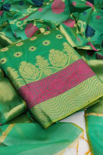 Green color weaving work banarasi jacquard unstitched chudidar dress material - mrfc11100b