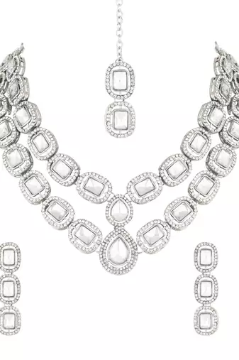 silver plated traditional stone choker necklace jewellery set