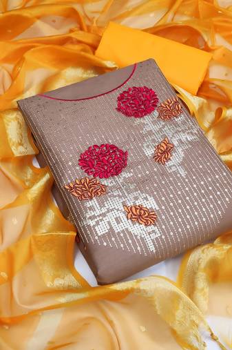 Light brown color embroidered work glass cotton unstitched chudidar dress material - mrfc11102a