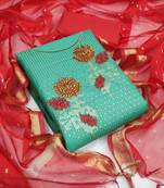 Sky blue color embroidered work glass cotton unstitched chudidar dress material 