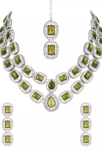 silver plated traditional stone choker necklace jewellery set