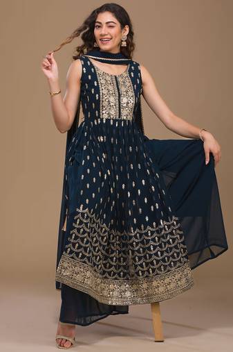 Blue Zariwork Georgette Readymade Salwar Suit
