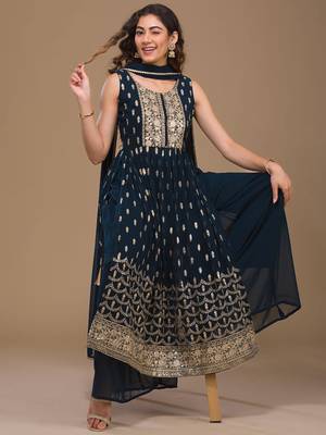 Blue Zariwork Georgette Readymade Salwar Suit 1