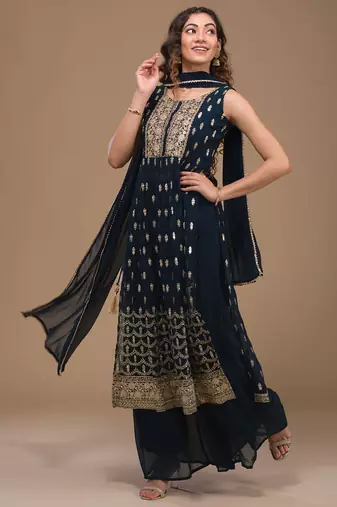 Blue Zariwork Georgette Readymade Salwar Suit